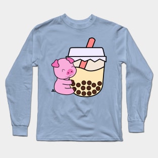 Cute Happy Baby Pig Hugs Sweet Bubble Tea Cream Boba Tea Kawaii Long Sleeve T-Shirt